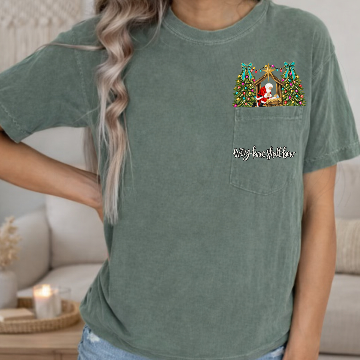 Every Knee Shall Bow Santa Kneeling Nativity Scene (DTF)