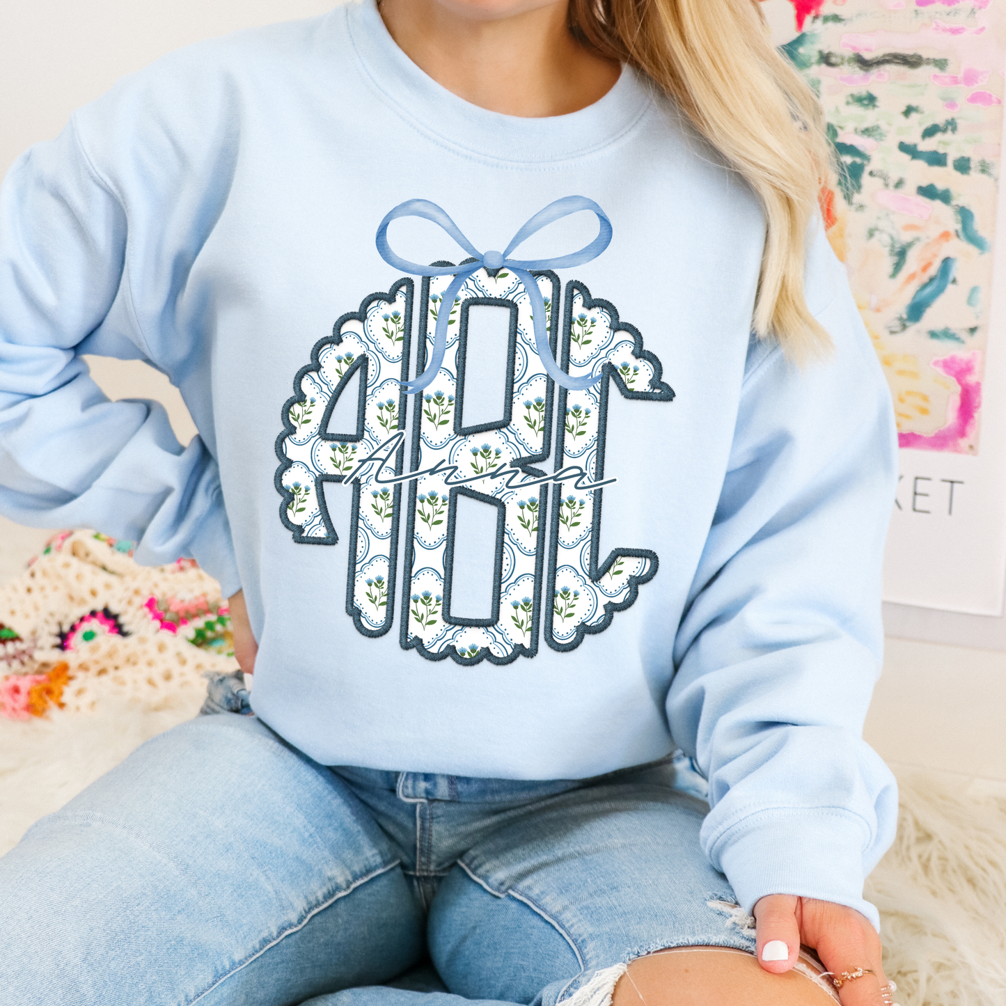 Preppy Blue & Green Floral - Custom Monogram Transfer