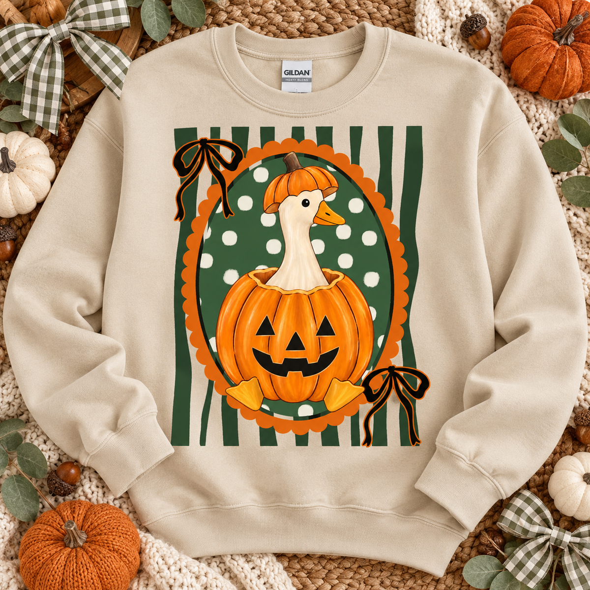 Halloween Goose in Jack-O-Lantern Pumpkin with Bows (DTF)