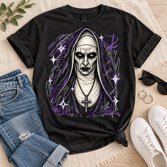 Evil Nun Glowing Eyes Cross Necklace Purple Sketch Art (DTF)