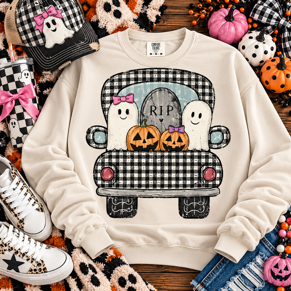 Cute Ghosts Jack-O-Lanterns RIP Tombstone Plaid Truck (DTF)