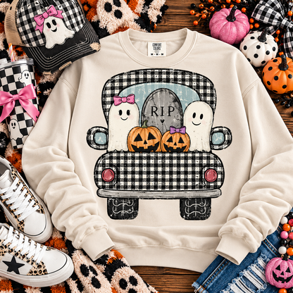 Cute Ghosts Jack-O-Lanterns RIP Tombstone Plaid Truck (DTF)