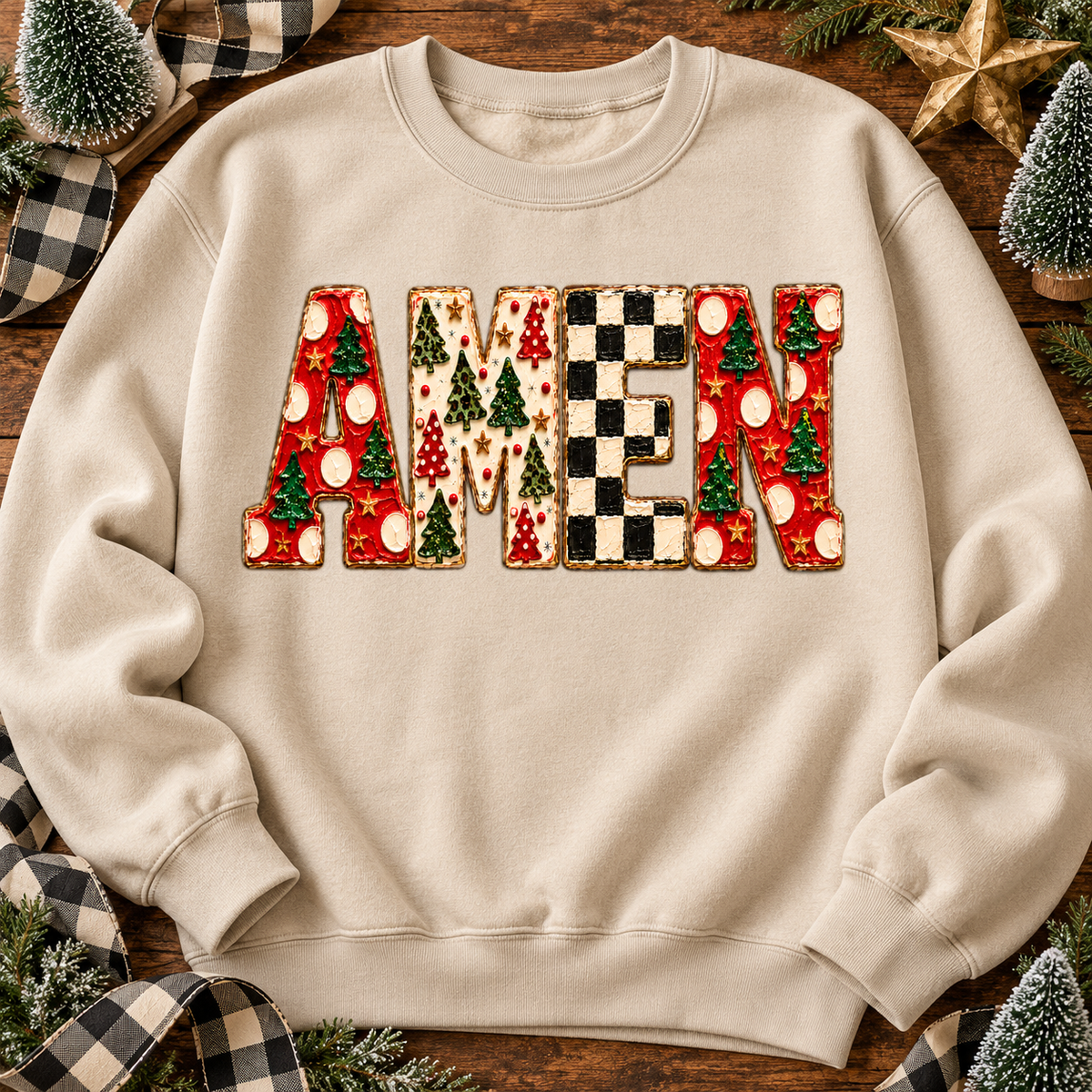 Amen Christmas Trees Patchwork Holiday Letters (DTF)