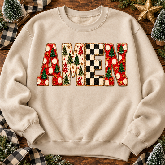 Amen Christmas Trees Patchwork Holiday Letters (DTF)