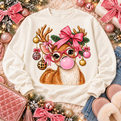 Cute Christmas Reindeer Pink Bow Glasses Bubble Gum (DTF)