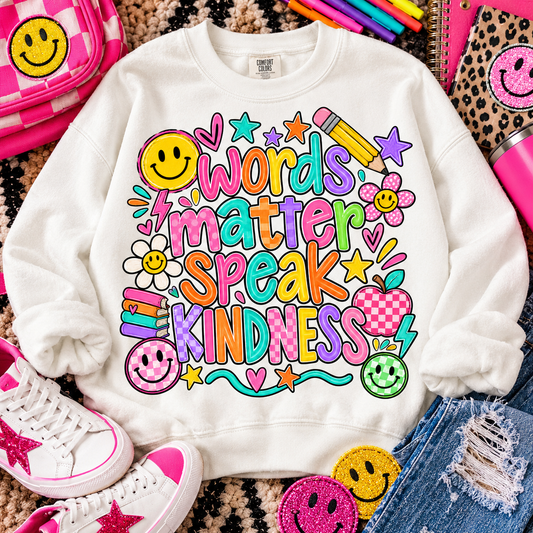 Words Matter Speak Kindness Groovy Smiley Teacher (DTF)