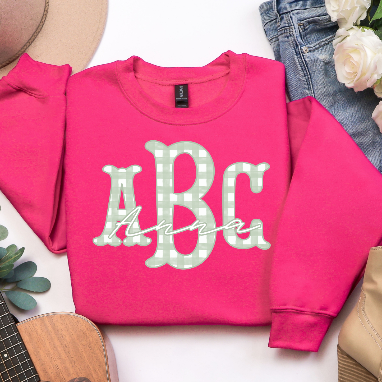 Sage Green Gingham Fishtail - Custom Monogram Transfer