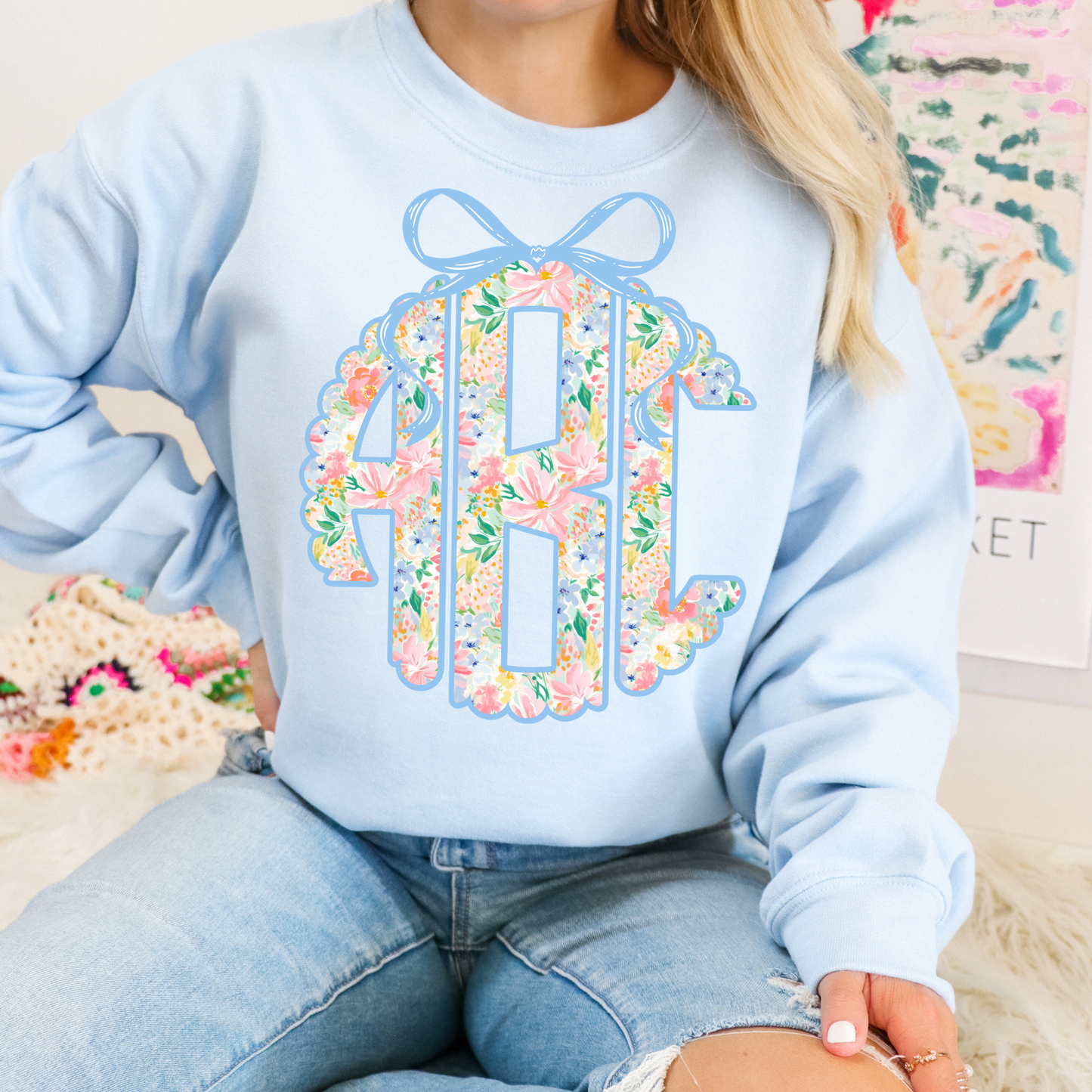 Preppy Blue Bow Floral - Custom Monogram Transfer
