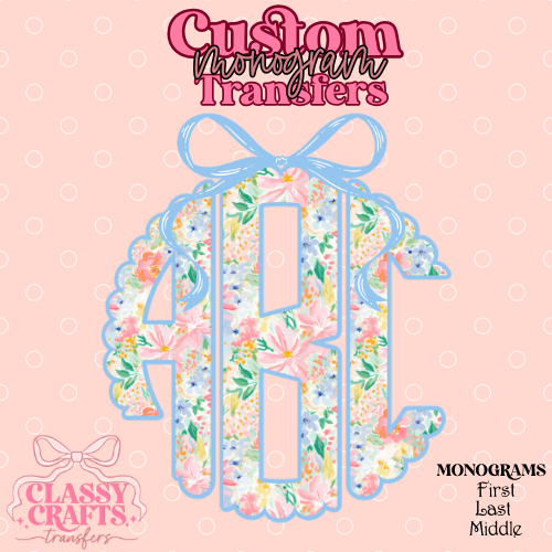 Preppy Blue Bow Floral - Custom Monogram Transfer