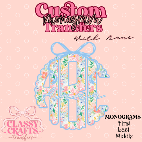 Preppy Blue Bow Floral - Custom Monogram Transfer