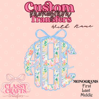 Preppy Blue Bow Floral - Custom Monogram Transfer