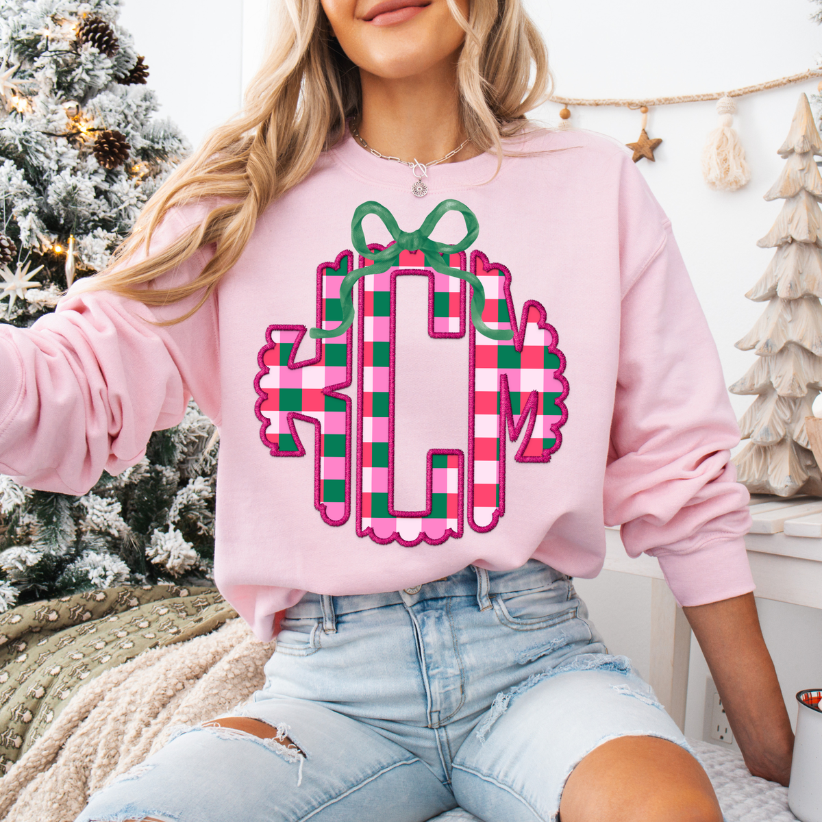 Pink Christmas Plaid - Custom Monogram Transfer