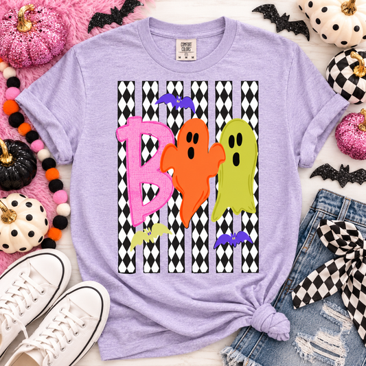 Colorful BOO Ghosts and Bats Halloween Harlequin (DTF)