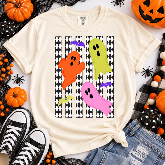 Colorful Halloween Ghosts and Bats Harlequin Pattern (DTF)