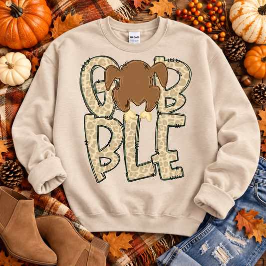 Gobble Leopard Print Roasted Turkey Thanksgiving Word Art (DTF)