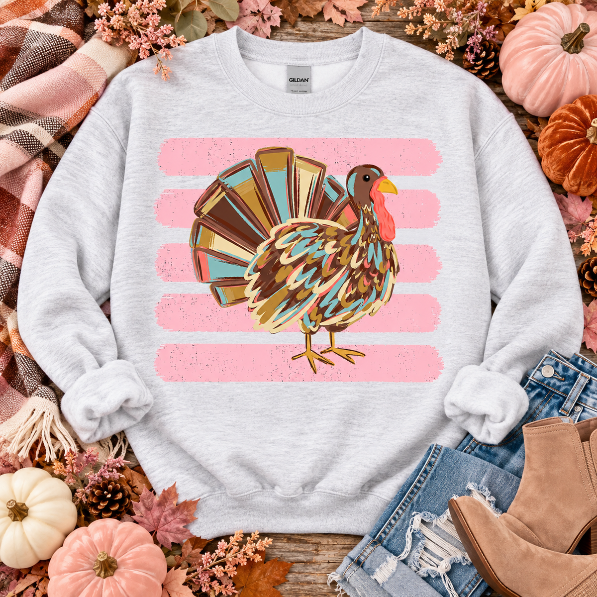 Colorful Thanksgiving Turkey Pink Stripe Background (DTF)