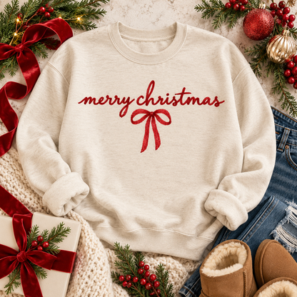 Merry Christmas Red Cursive Script with Bow (DTF)
