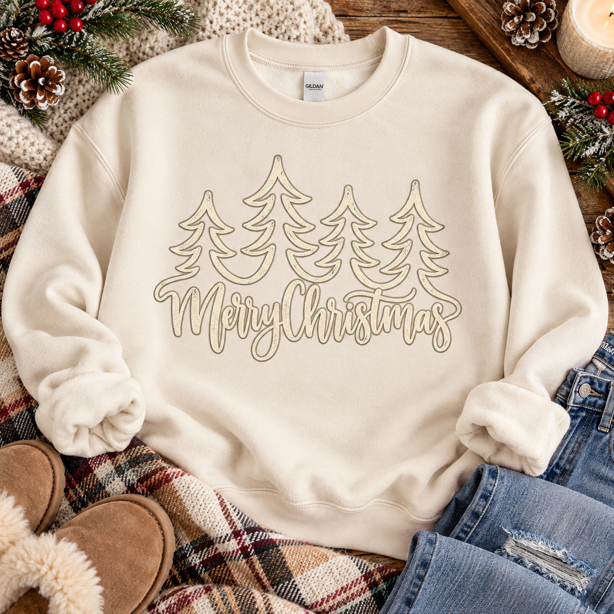 Merry Christmas Rustic Pine Trees Script Design (DTF)