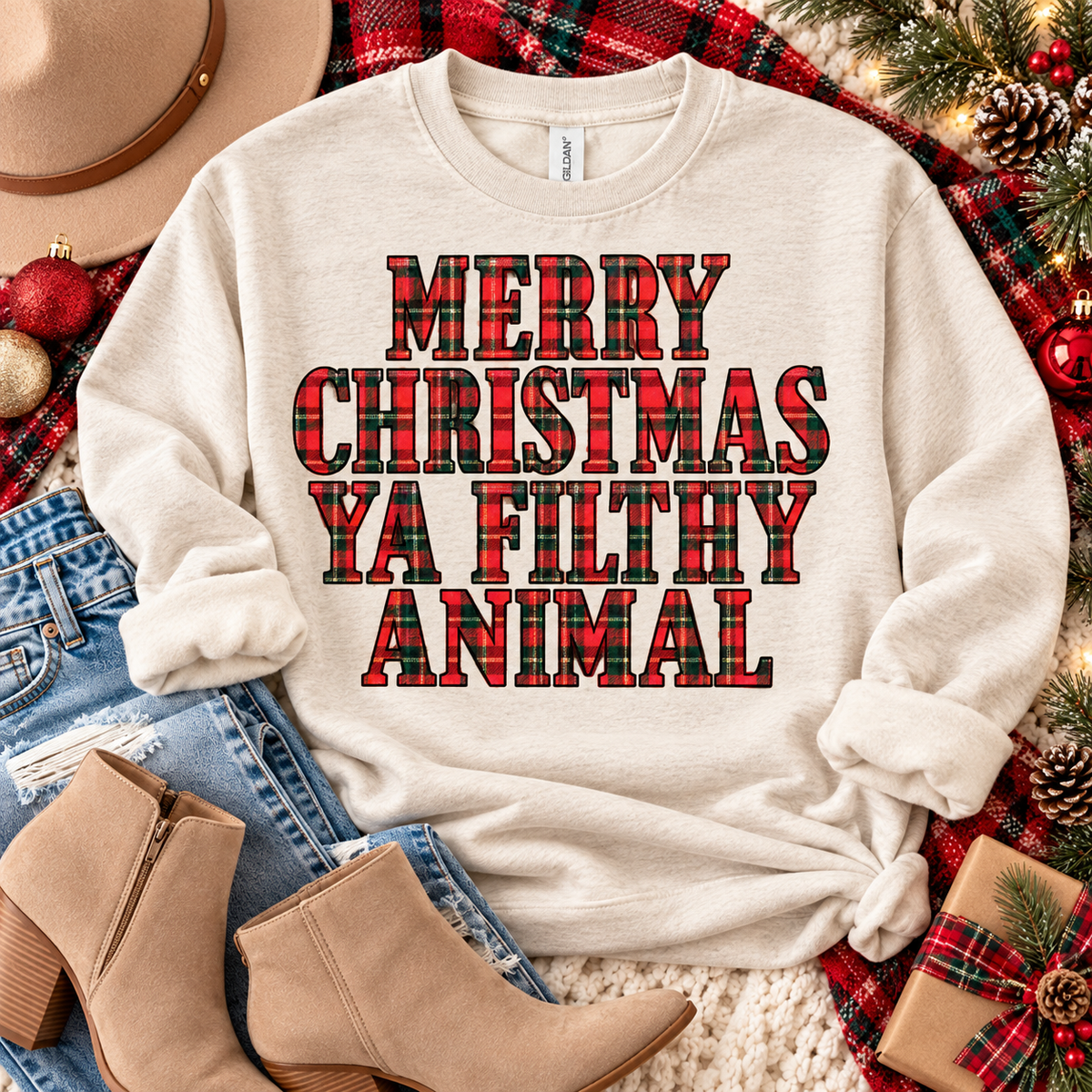 Merry Christmas Ya Filthy Animal Red Plaid Letters (DTF)