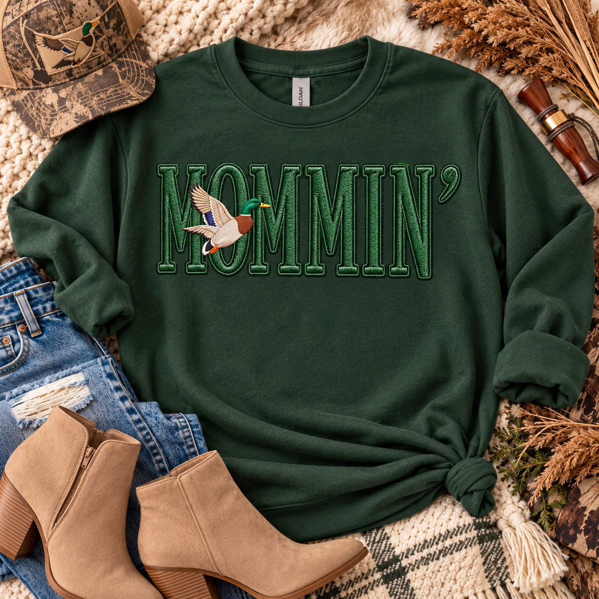 Mommin' Flying Mallard Duck Embroidery Style (DTF)