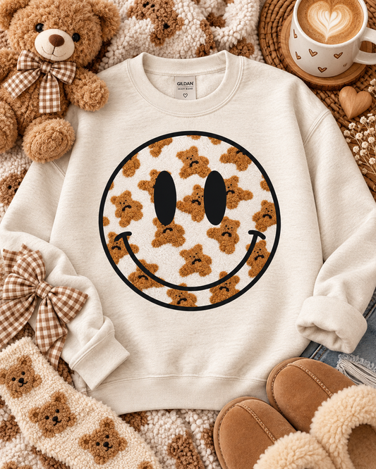 Fuzzy Teddy Bear Pattern Smiley Face (DTF)