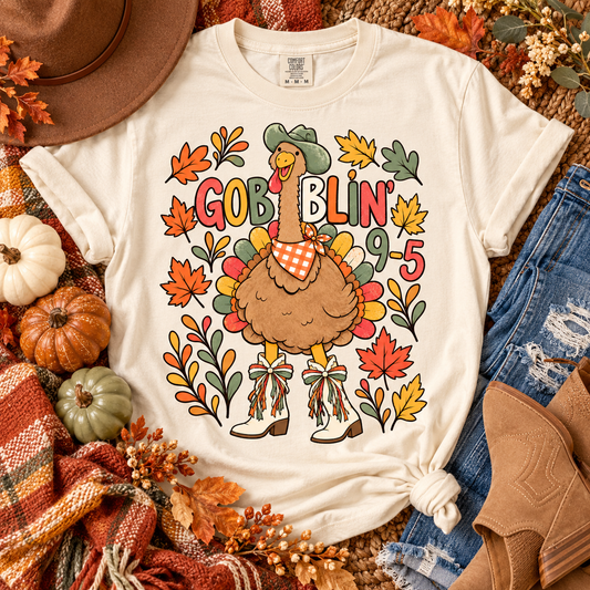 Gobblin' 9-5 Cowboy Turkey Fall Leaves (DTF)
