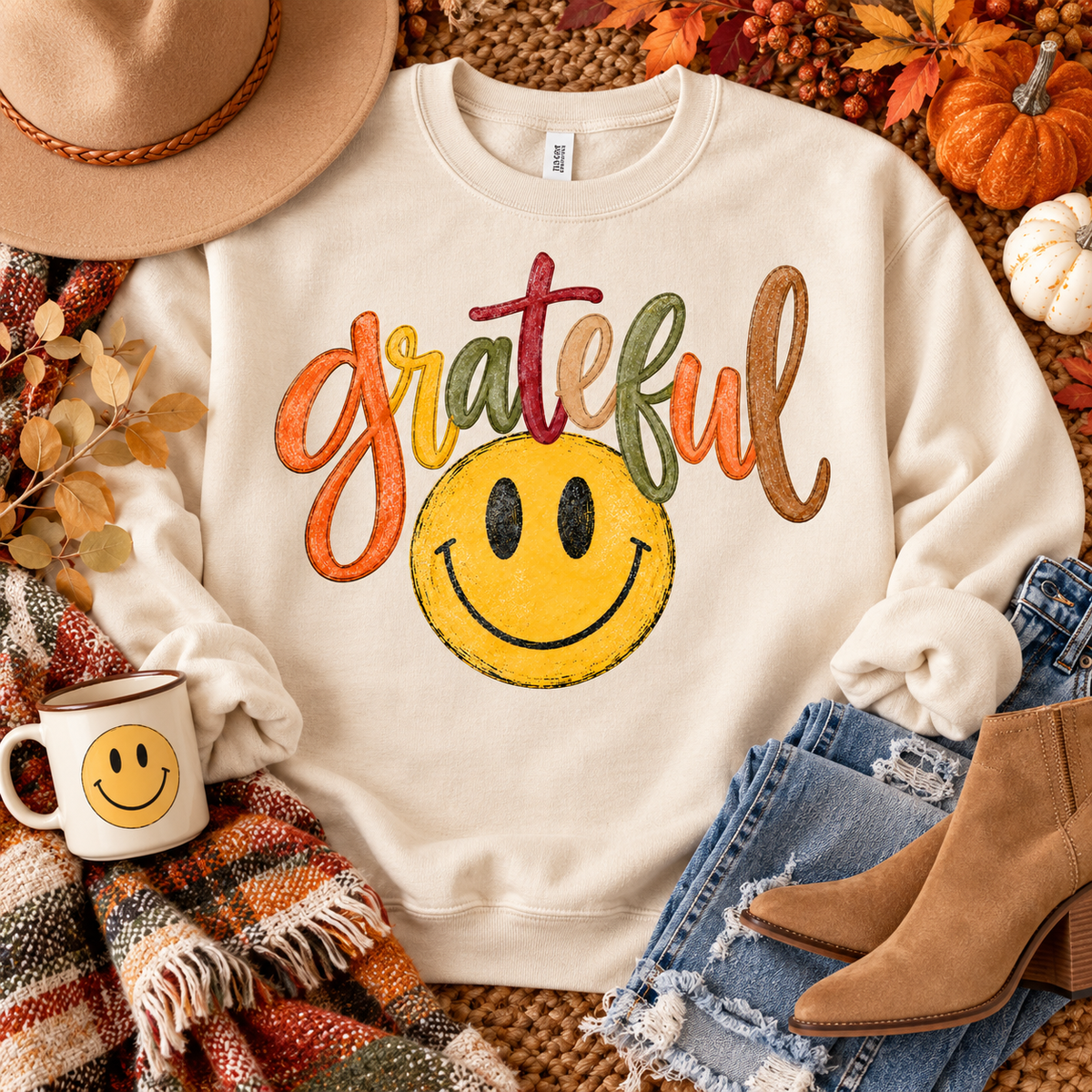 Grateful Script with Retro Smiley Face Fall Colors (DTF)