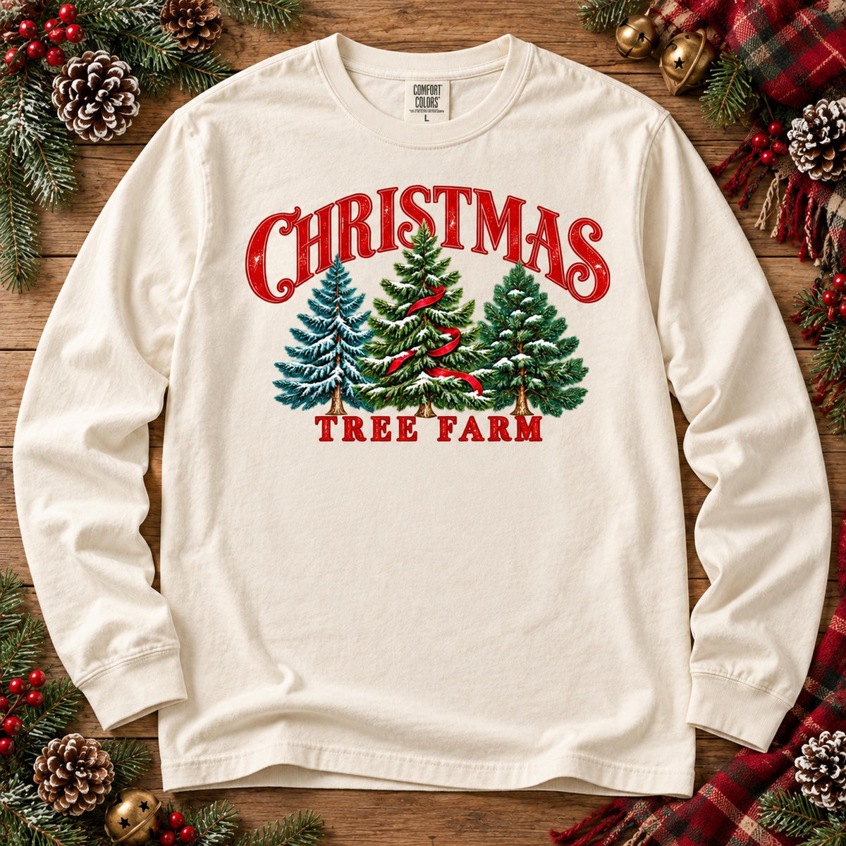 Christmas Tree Farm Snow-Covered Pines Red Ribbon (DTF)