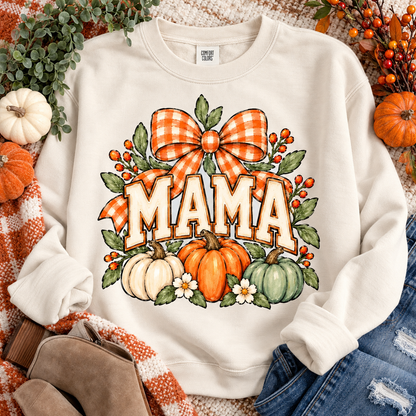 Mama Fall Pumpkin Plaid Bow Floral Autumn Design (DTF)