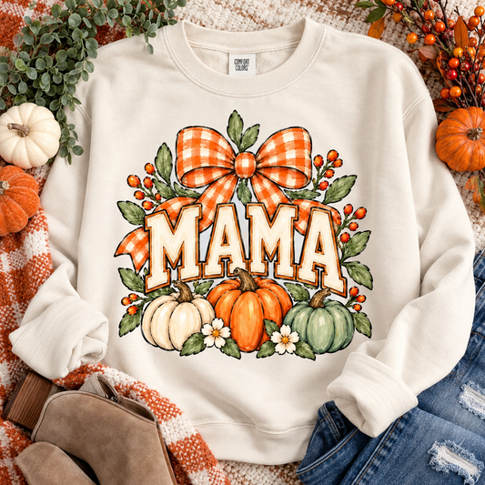 Mama Fall Pumpkin Plaid Bow Floral Autumn Design (DTF)