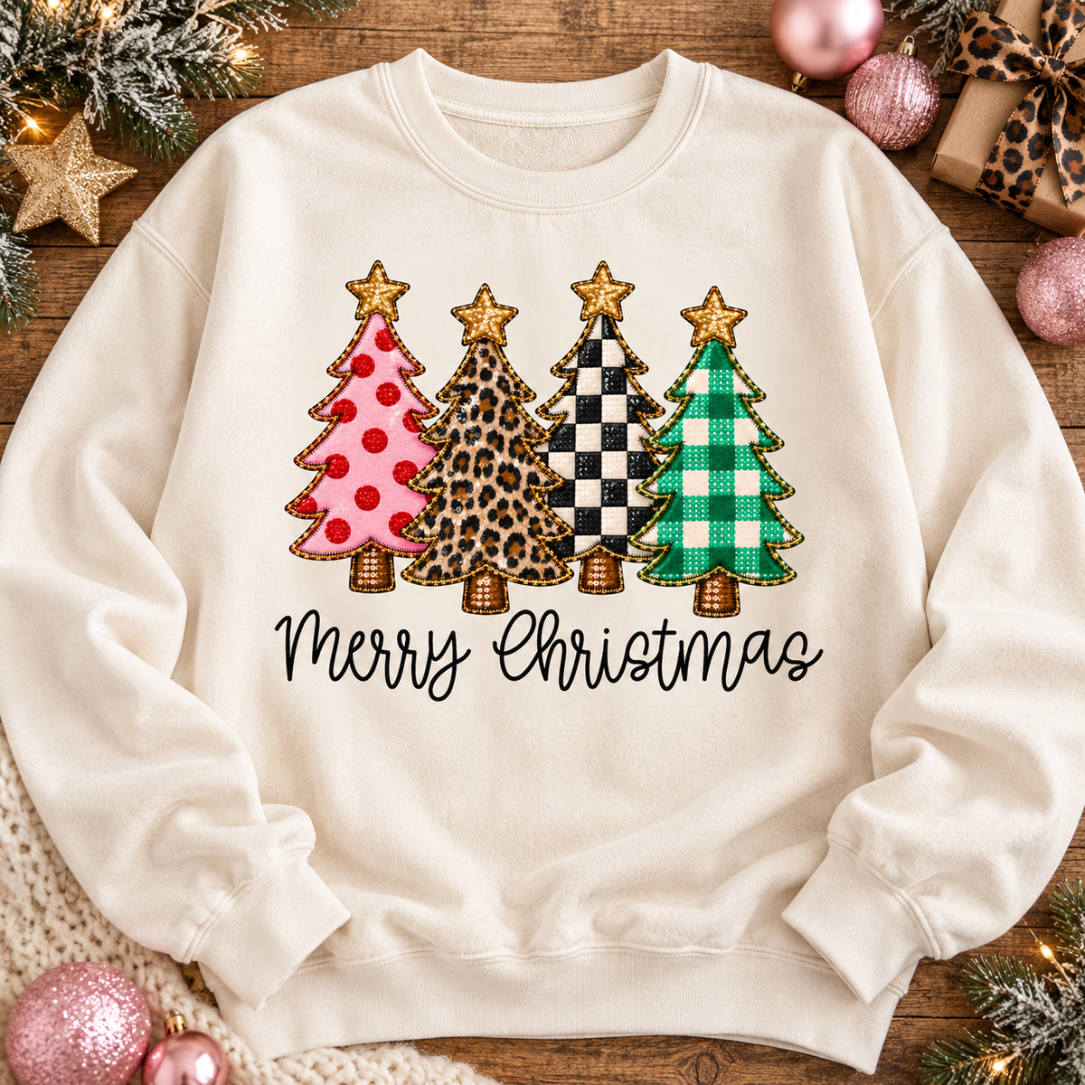 Merry Christmas Four Patterned Trees Pink Leopard Plaid (DTF)