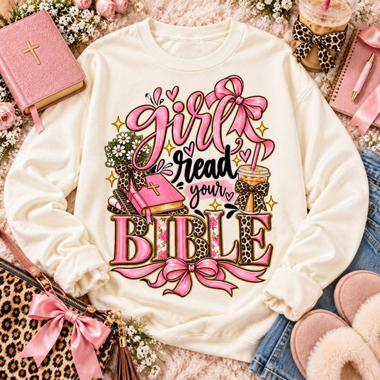 Girl Read Your Bible Pink Leopard Bow Coffee (DTF)