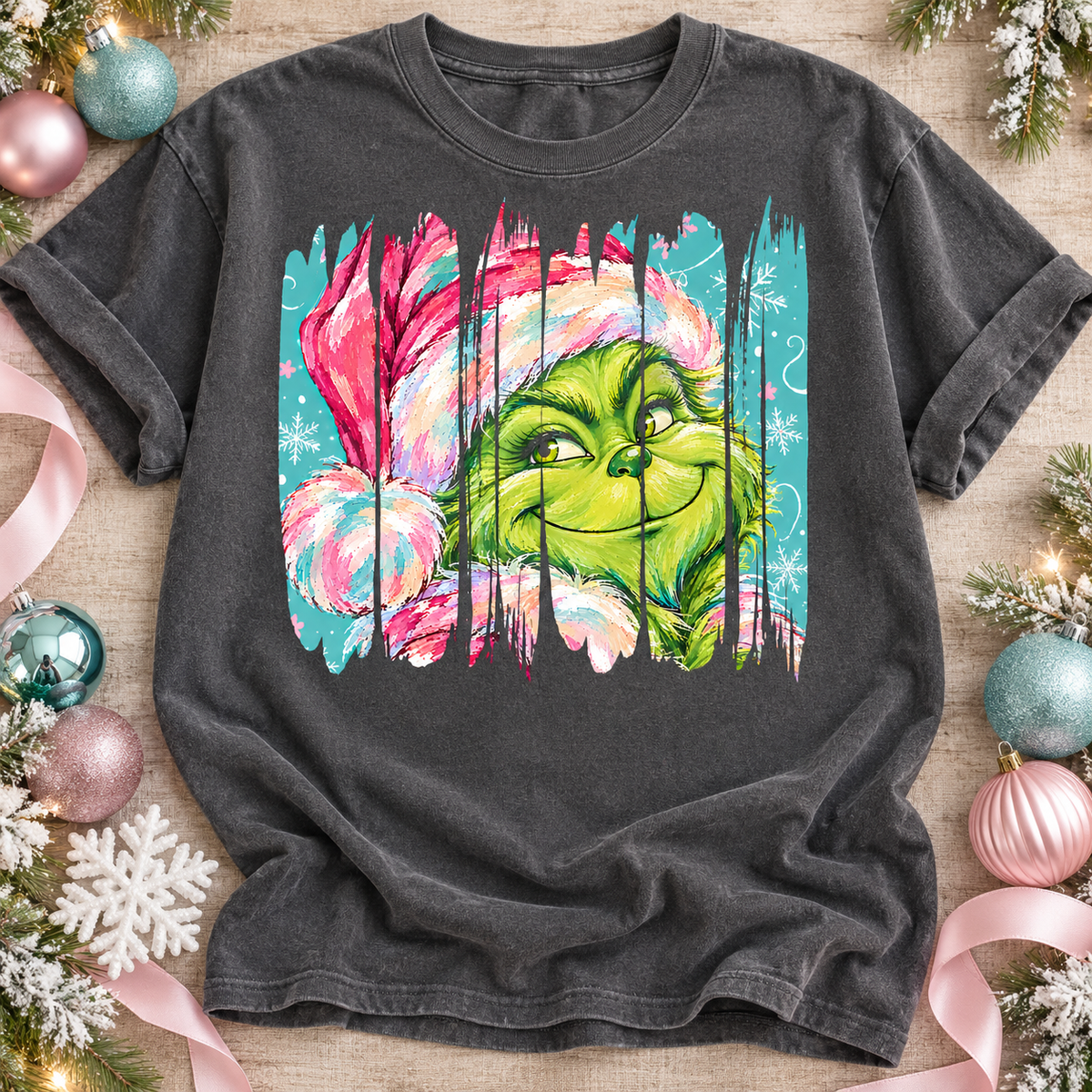 Smirking Green Furry Creature Santa Hat Snowflakes (DTF)