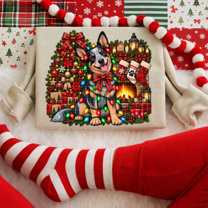 Blue Heeler Dog Wrapped in Christmas Lights by Fireplace (DTF)