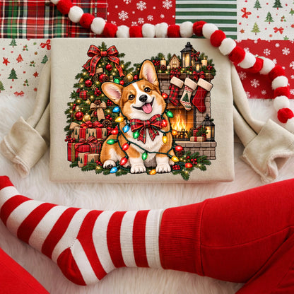 Corgi Wrapped in Christmas Lights by Fireplace (DTF)