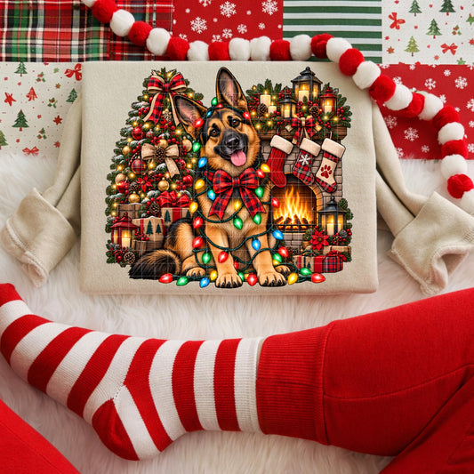 German Shepherd Christmas Lights Fireplace Holiday (DTF)