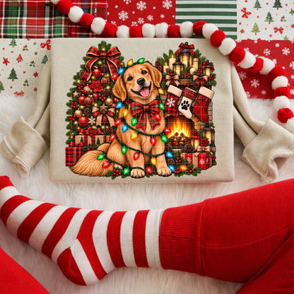 Festive Golden Retriever Wrapped in Christmas Lights (DTF)