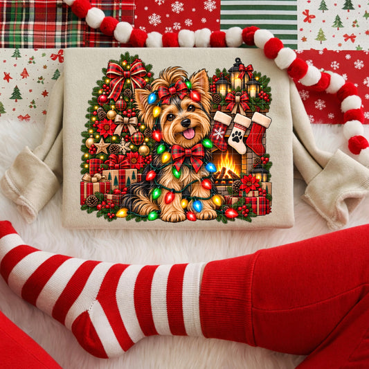 Yorkie Christmas Lights Fireplace Holiday Scene (DTF)