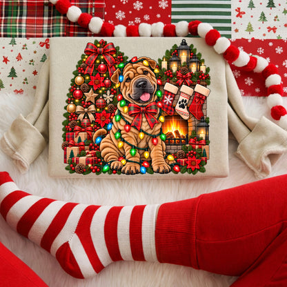 Wrinkly Dog Christmas Lights Fireplace Holiday Scene (DTF)