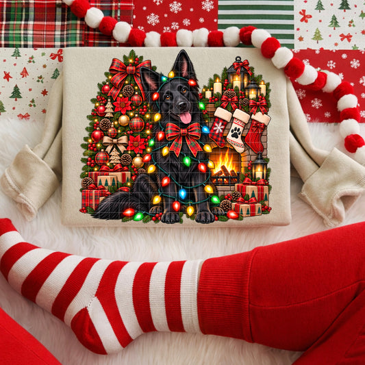 Black German Shepherd Wrapped in Christmas Lights by Fireplace (DTF)