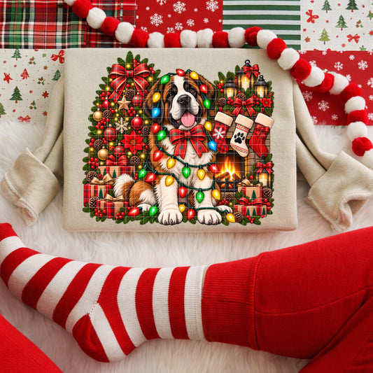 Festive Saint Bernard Wrapped in Christmas Lights by Fireplace (DTF)
