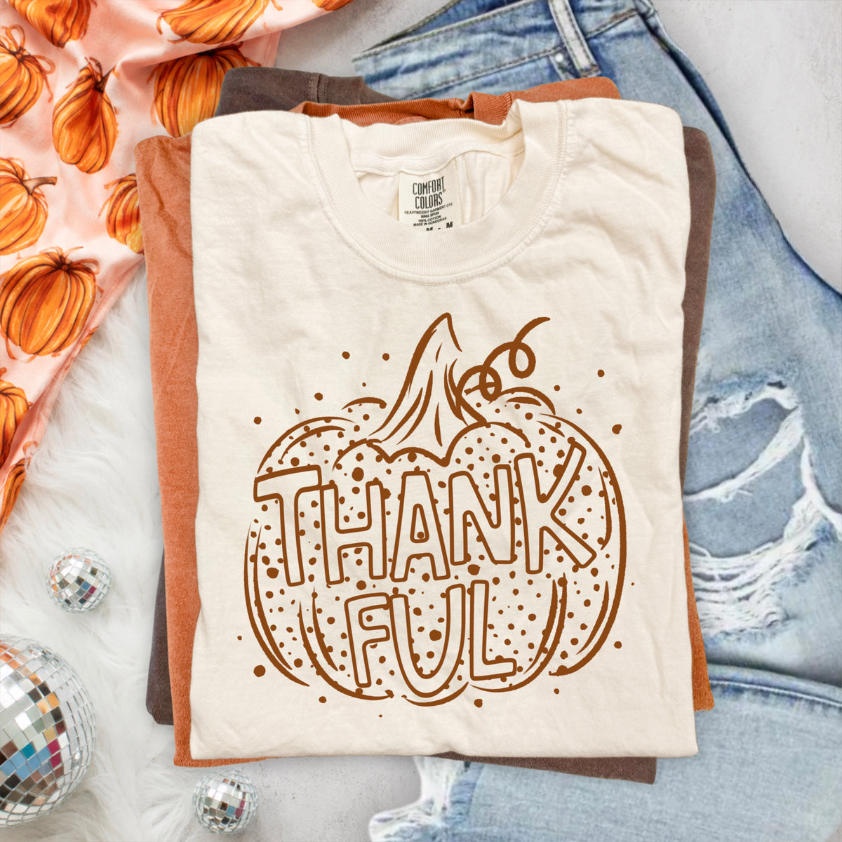Thankful Pumpkin Sketch Rust Brown Polka Dot (DTF)