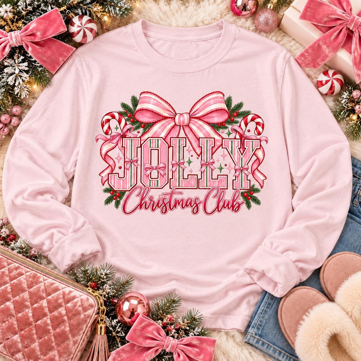 Jolly Christmas Club Pink Bow Candy Cane Holiday (DTF)