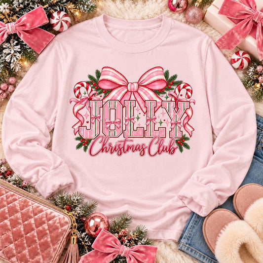 Jolly Christmas Club Pink Bow Candy Cane Holiday (DTF)