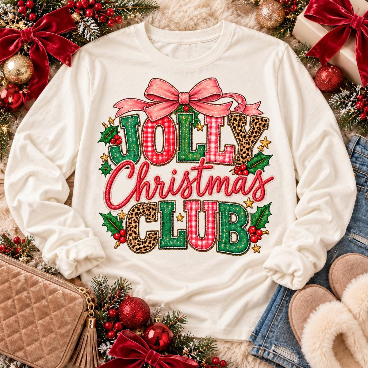 Jolly Christmas Club Pink Bow Leopard Plaid Holiday (DTF)