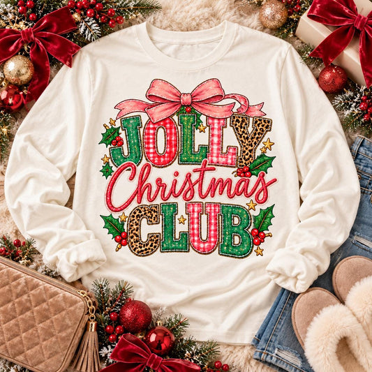 Jolly Christmas Club Pink Bow Leopard Plaid Holiday (DTF)