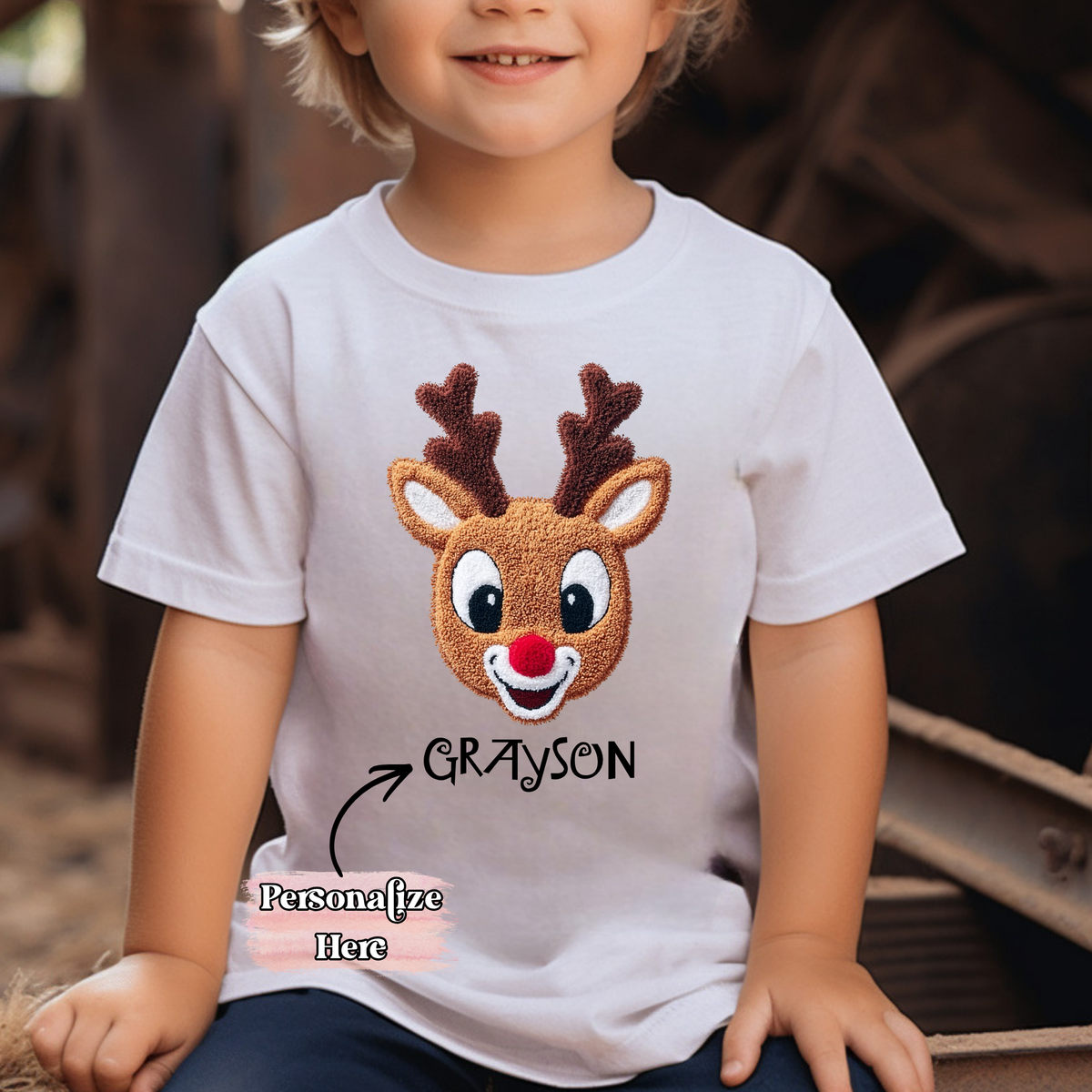 Faux Chenille Reindeer Nameplate -  ‼️Fully Customizable Transfer‼️