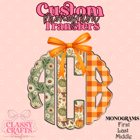 Fall Floral Pumpkin Gingham - Custom Monogram Transfer
