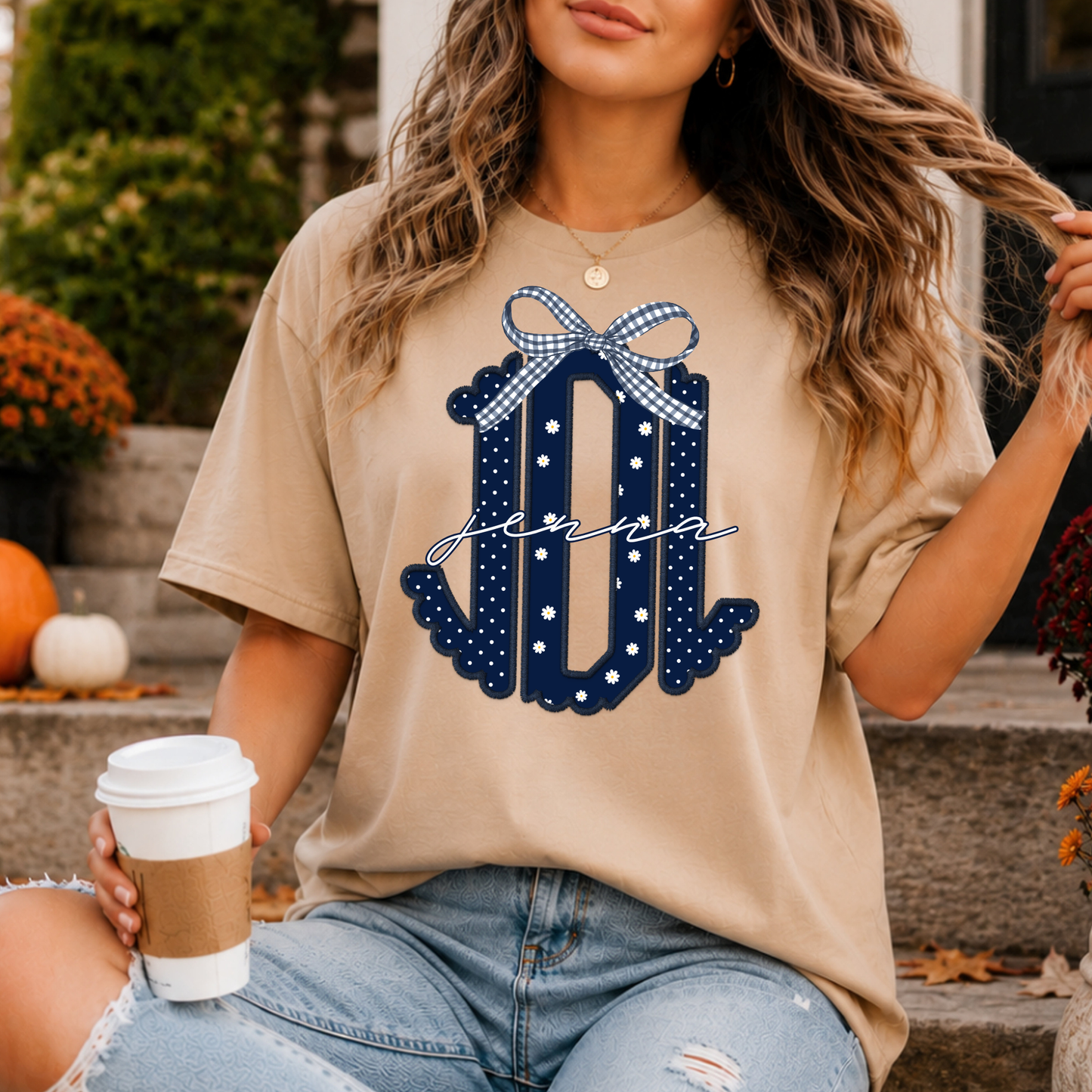 Floral Polkadot Gingham - Custom Monogram Transfer