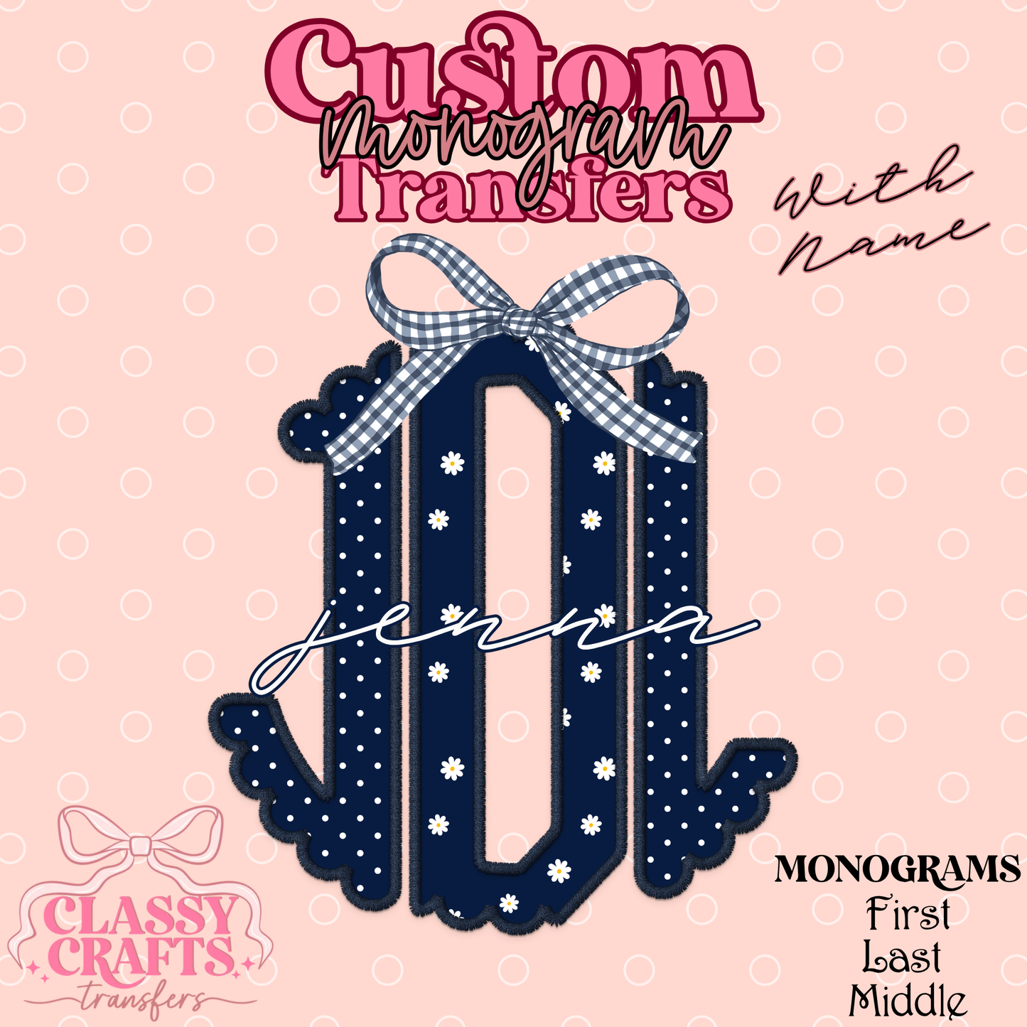 Floral Polkadot Gingham - Custom Monogram Transfer